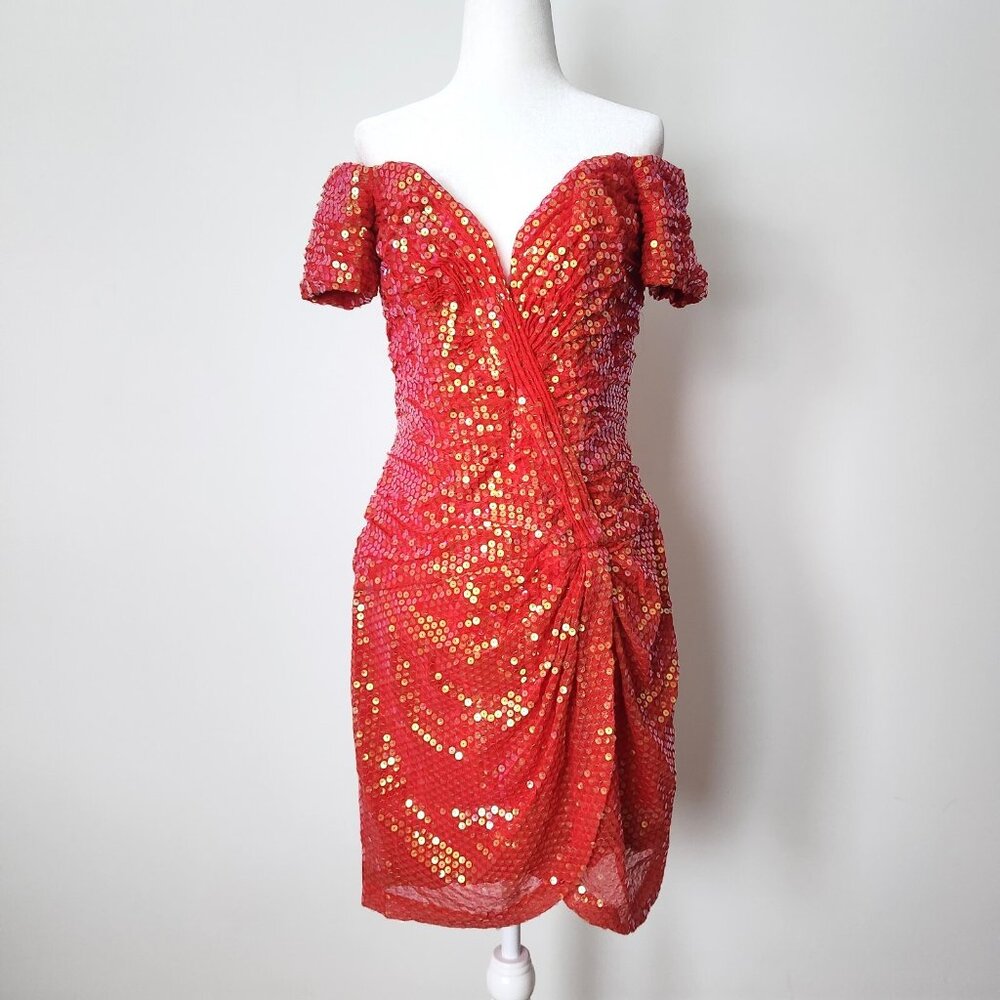 Vtg 90s Vicky Tiel Red Sequin Dress Sz 44‎ Paris Couture Off Shoulder Cocktail